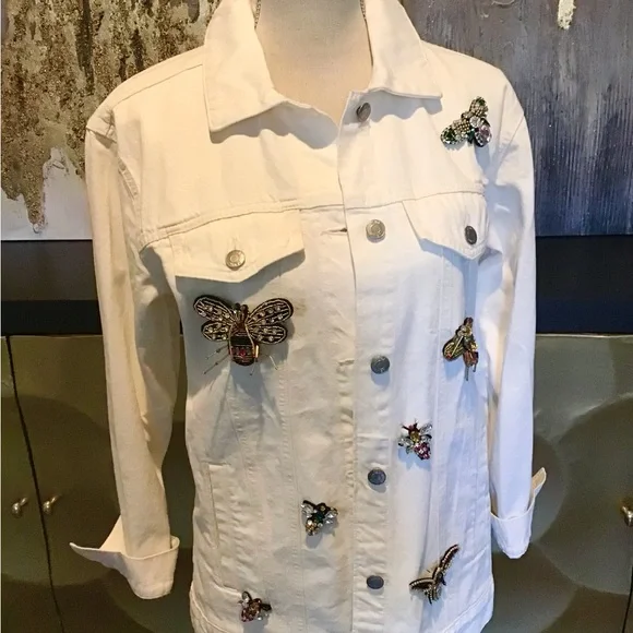 White Jean Jacket with Bees Butterfly Embellishments - Picture 6 of 6